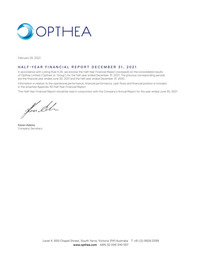 Thumbnail Opthea Financial Report 2022-h1