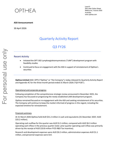 Thumbnail Opthea Quarterly Report 2026-q3