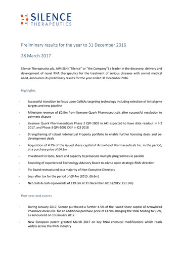 Thumbnail Silence Therapeutics Financial Report 2016