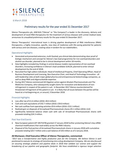 Thumbnail Silence Therapeutics Financial Report 2017