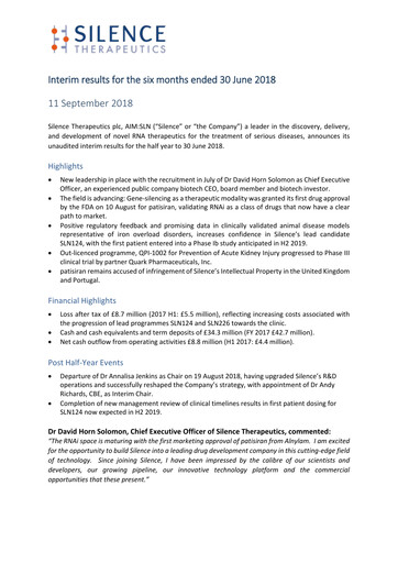 Thumbnail Silence Therapeutics Half-year Report 2018-h1
