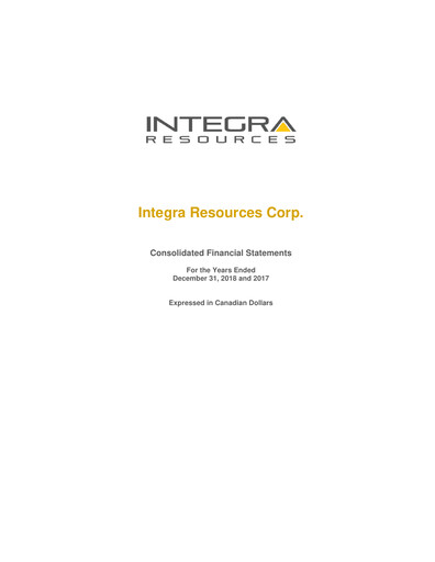 Thumbnail Integra Resources Financial Statement 2018