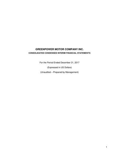 Thumbnail GreenPower Motor Company Quarterly Report fy2018-q3