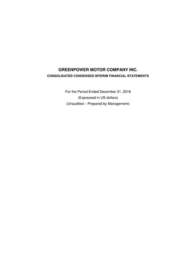 Thumbnail GreenPower Motor Company Quarterly Report fy2019-q3