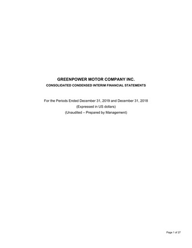 Thumbnail GreenPower Motor Company Quarterly Report fy2020-q3