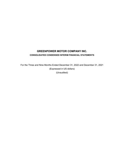 Thumbnail GreenPower Motor Company Quarterly Report fy2023-q3