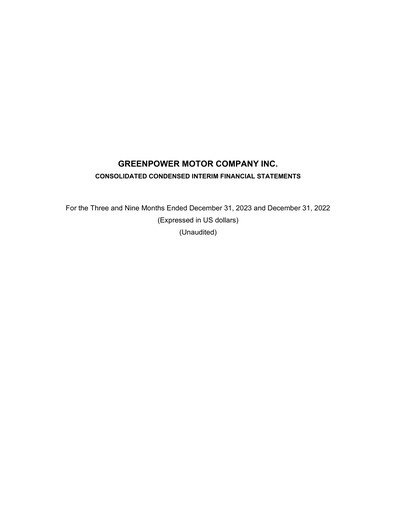 Thumbnail GreenPower Motor Company Quarterly Report fy2024-q3