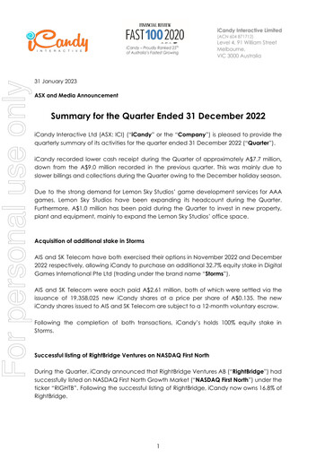 Vorschaubild iCandy Interactive Quartalsbericht 2022-q4