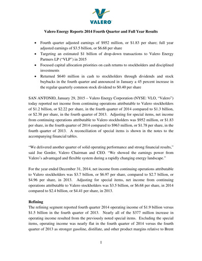 Miniature Valero Energy Rapport trimestriel 2014-q4