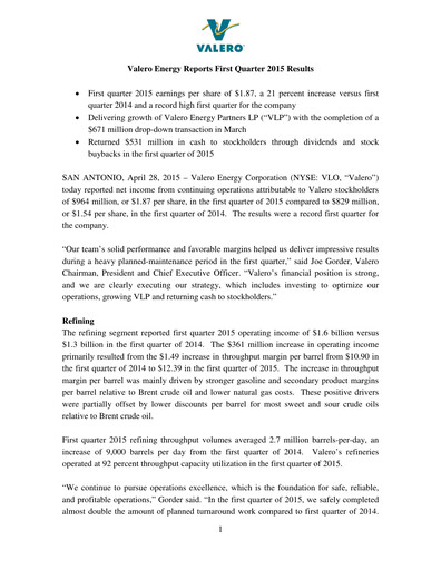 Miniature Valero Energy Rapport trimestriel 2015-q1