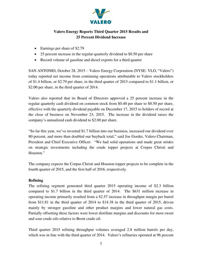 Miniature Valero Energy Rapport trimestriel 2015-q3