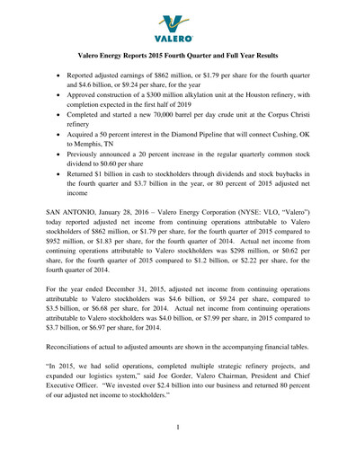 Miniature Valero Energy Rapport trimestriel 2015-q4