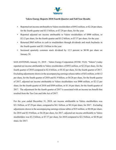 Miniature Valero Energy Rapport trimestriel 2018-q4