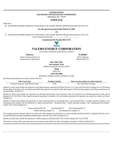 Thumbnail Valero Energy Quarterly Report 2026-q1