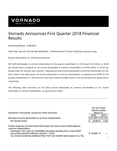 Thumbnail Vornado Realty Trust
 Quarterly Report 2018-q1
