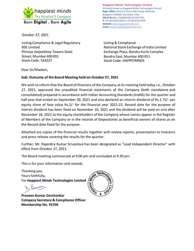 Thumbnail Happiest Minds Technologies Quarterly Report 2021-q2