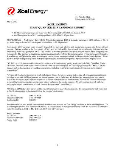 Thumbnail Xcel Energy Quarterly Report 2013-q1