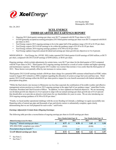 Thumbnail Xcel Energy Quarterly Report 2013-q3