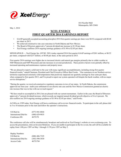 Thumbnail Xcel Energy Quarterly Report 2014-q1