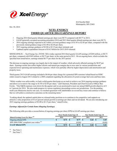 Thumbnail Xcel Energy Quarterly Report 2014-q3