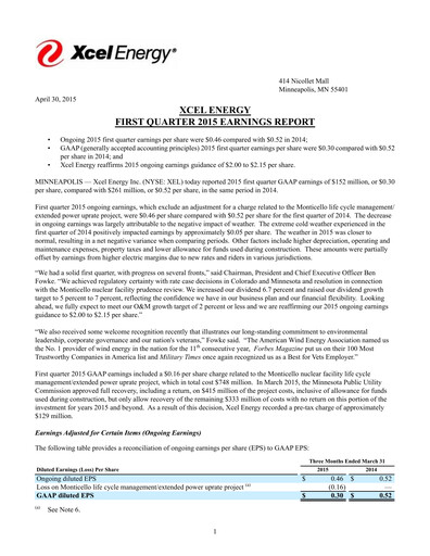 Thumbnail Xcel Energy Quarterly Report 2015-q1