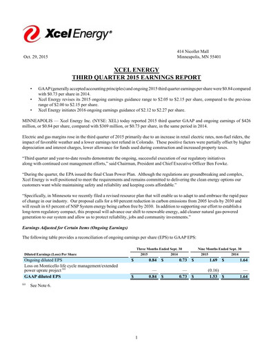 Thumbnail Xcel Energy Quarterly Report 2015-q3