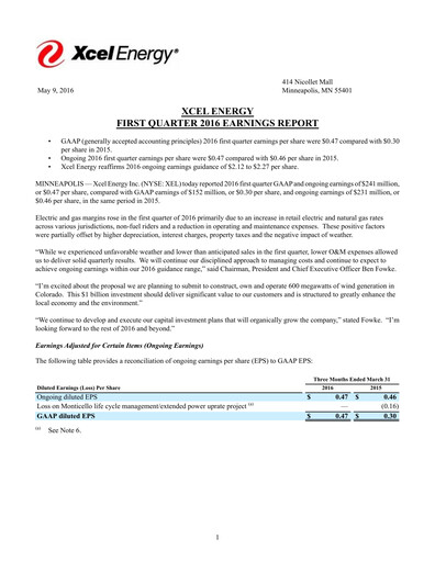 Thumbnail Xcel Energy Quarterly Report 2016-q1