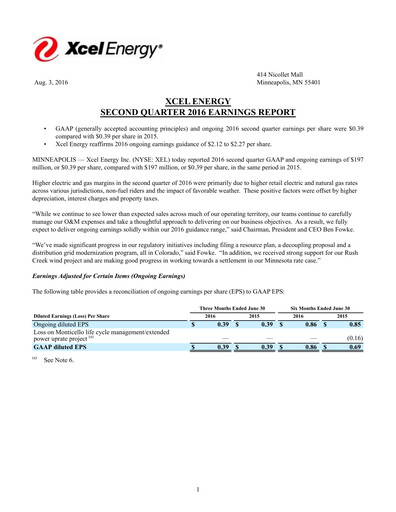 Thumbnail Xcel Energy Quarterly Report 2016-q2