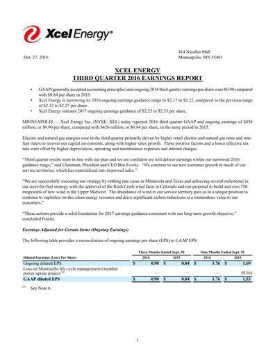 Thumbnail Xcel Energy Quarterly Report 2016-q3