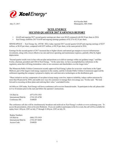 Thumbnail Xcel Energy Quarterly Report 2017-q2