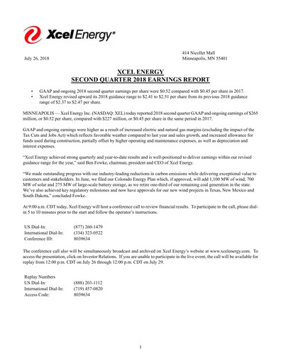 Thumbnail Xcel Energy Quarterly Report 2018-q2