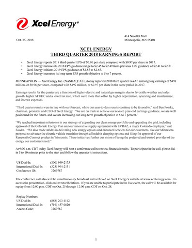 Thumbnail Xcel Energy Quarterly Report 2018-q3