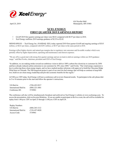 Thumbnail Xcel Energy Quarterly Report 2019-q1