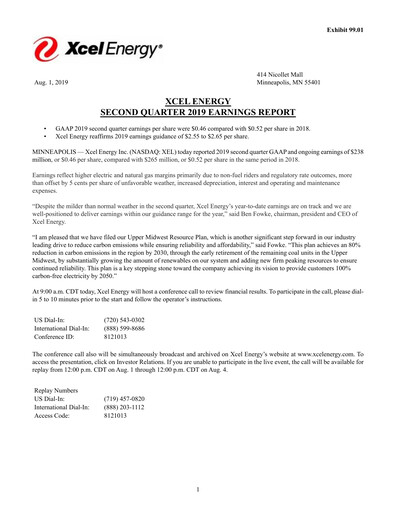 Thumbnail Xcel Energy Quarterly Report 2019-q2