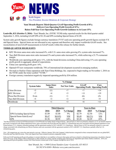 Thumbnail Yum! Brands Quarterly Report 2016-q3