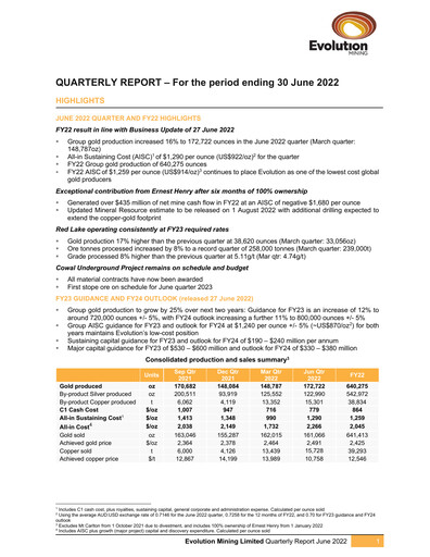 Miniature Evolution Mining
 Rapport trimestriel 2022-q2
