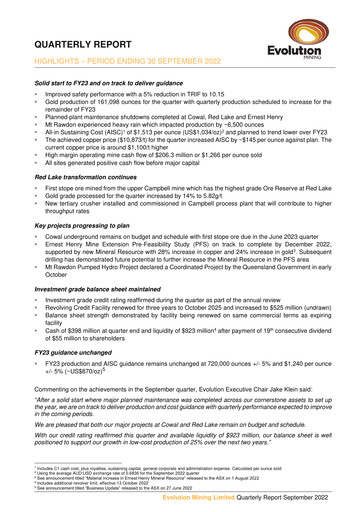 Miniature Evolution Mining
 Rapport trimestriel 2022-q3