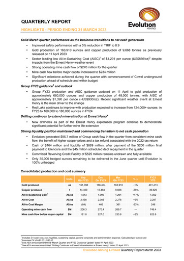 Miniature Evolution Mining
 Rapport trimestriel 2023-q1