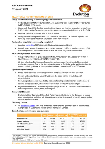 Miniature Evolution Mining
 Rapport trimestriel 2023-q4