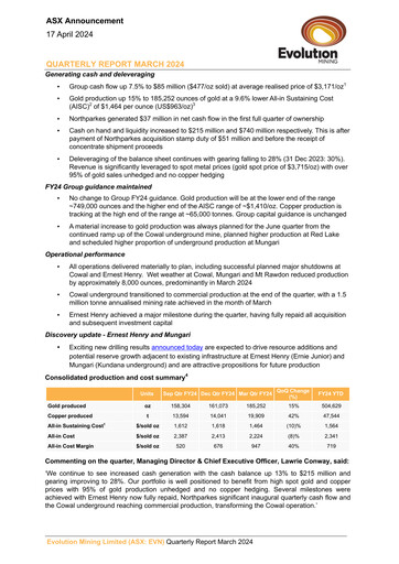 Miniature Evolution Mining
 Rapport trimestriel 2024-q1