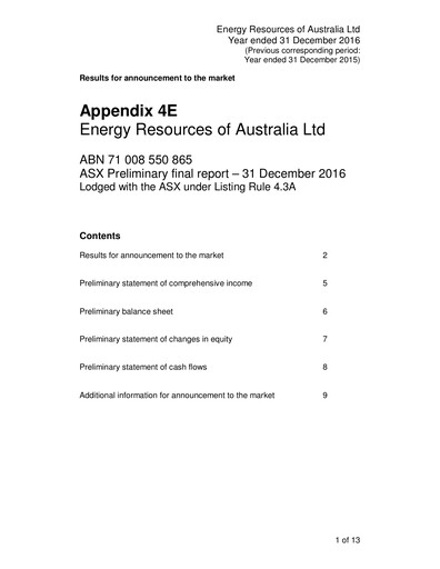 Thumbnail Energy Resources of Australia Financial Report 2016