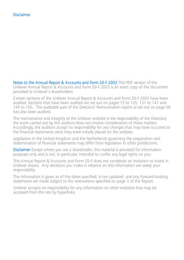 Thumbnail Unilever Annual Report 2003