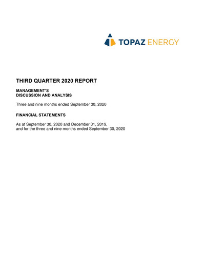 Thumbnail Topaz Energy Quarterly Report 2020-q3