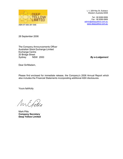 Thumbnail Deep Yellow Annual Report 2006