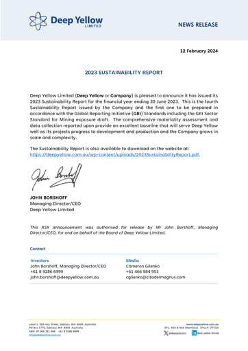 Thumbnail Deep Yellow Sustainability Report 2023