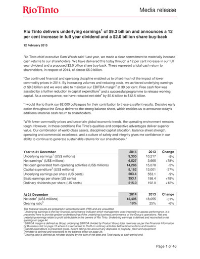 Thumbnail Rio Tinto Financial Report 2014