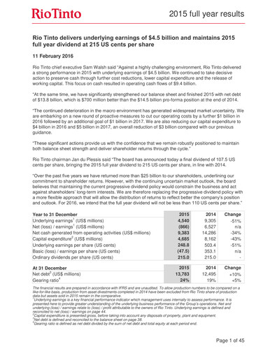 Thumbnail Rio Tinto Financial Report 2015