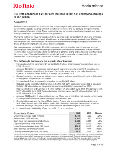 Thumbnail Rio Tinto Half-year Report 2014-h1