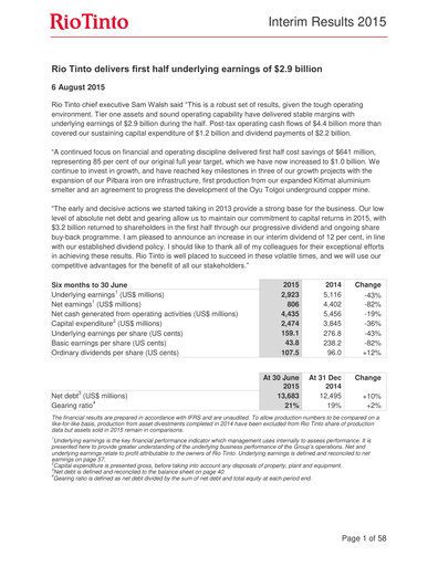 Thumbnail Rio Tinto Half-year Report 2015-h1