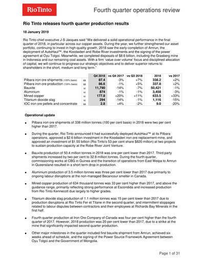 Thumbnail Rio Tinto Quarterly Report 2018-q4